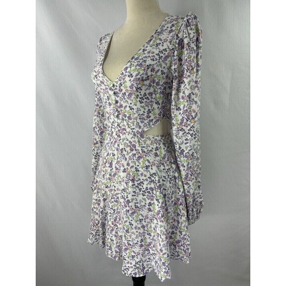 AFRM Los Angeles Cut Out Dress White Purple Floral XS Mini Long Sleeve - Picture 1 of 11